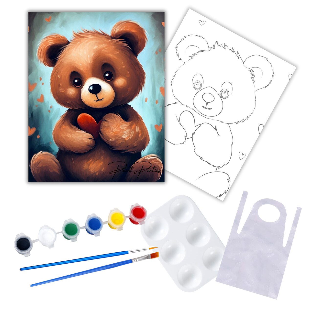 "Heart Teddy" DIY Canvas Art Kit, Adult Beginner, Acrylic Paint Size 11x14 inch